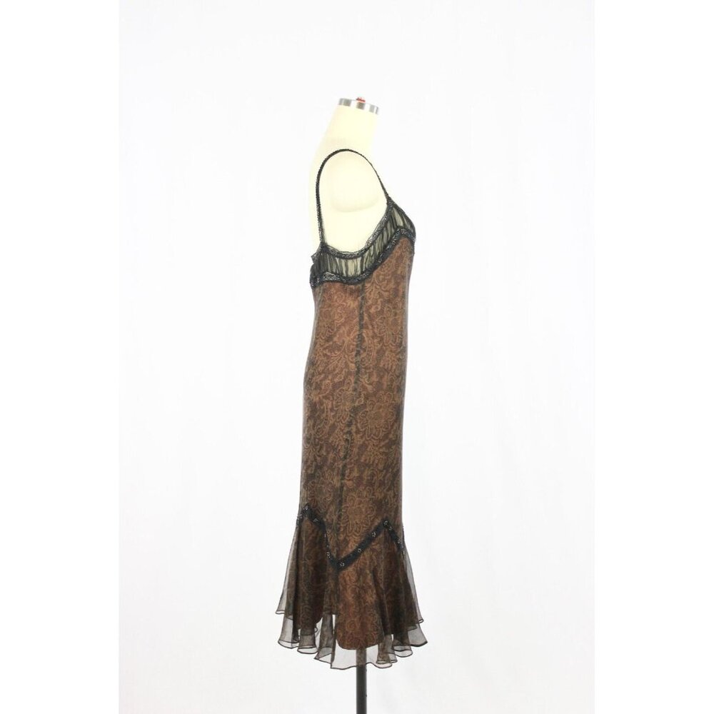 Vintage LAUNDRY BY SHELLI SEGAL Brown Lace Print Silk Beaded Slip Dress, Size 10 - Picture 2 of 12